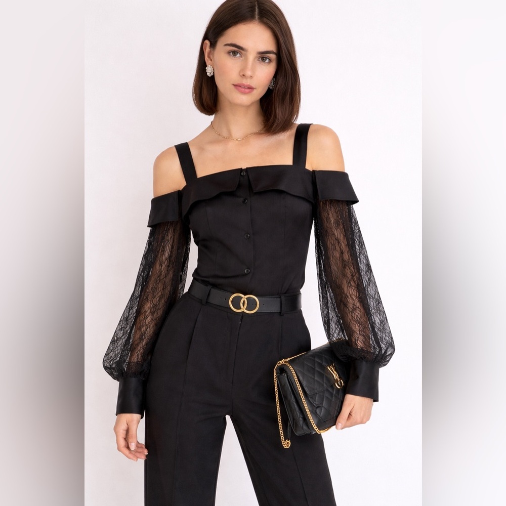 ADEAM Beth Lace Long-Sleeve Cold-Shoulder Button-Front Top